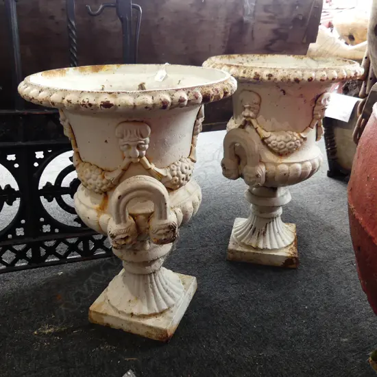 PR CAST IRON VINTAGE ANTIQUE STYLE CLASSICAL URNS. floral swags hoop handles. H.615mm Dia.445mm bolts require attention