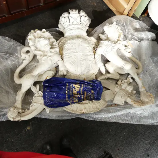 LARGE OLD PLASTER BRITISH ROYAL COAT OF ARMS some distress Ex. Phillips auction England