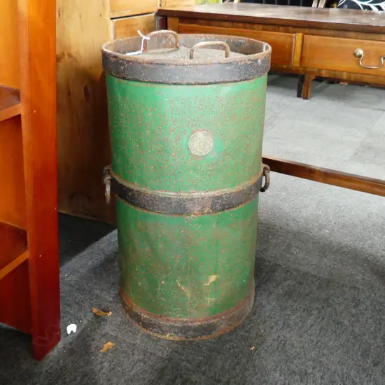 LGE OLD IRON LIDDED CONTAINER w brass label 'George Mould Le Bons Bay'. Akaroa. Lid stuck H.690mm