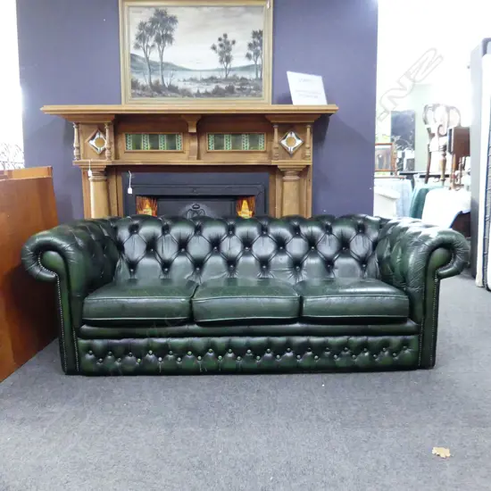 GREEN LEATHER CHESTERFIELD 2150x900x700mm