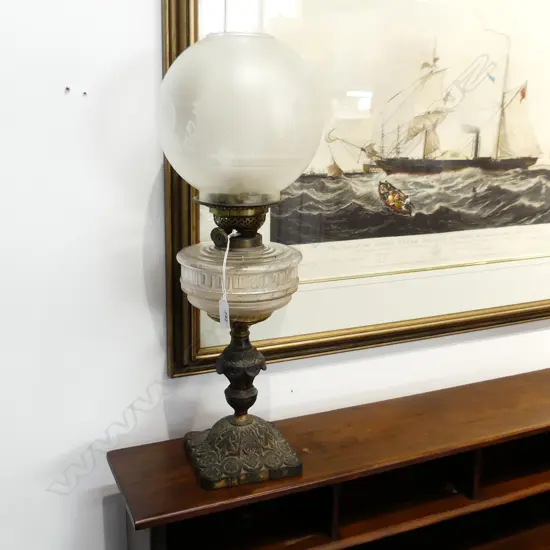 VICTORIAN DOUBLE WICK OIL TABLE LAMP w. FROSTED GLOBE SHADE H.610mm