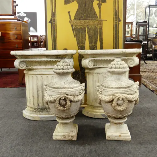 PR GARDEN CLASSICAL COMPOSITE CORBUL STANDS WITH CONCRETE URNS old repair H.1170mm