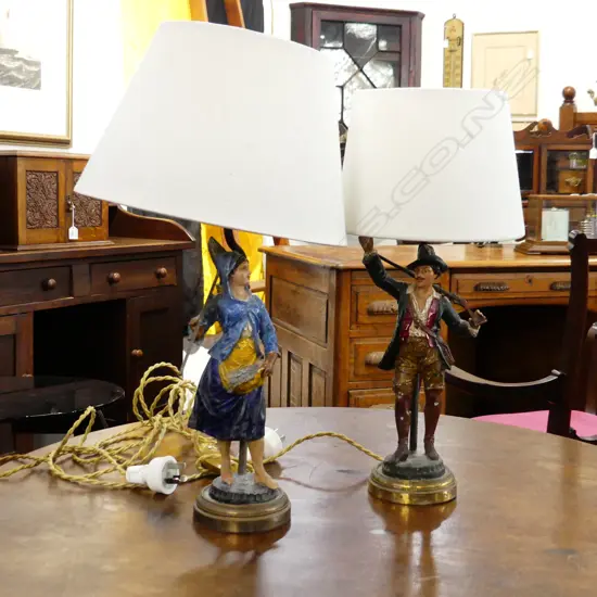 PR VINTAGE PAINTED METAL FIGURAL LAMPS; LADY w. COAL, MAN w. GUN H.420mm