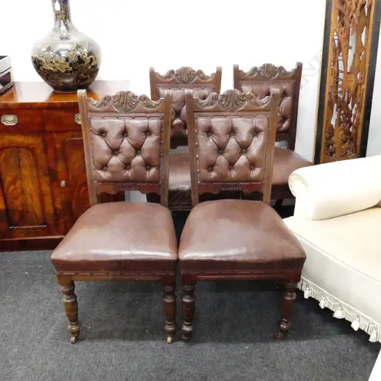 4 LATE VICTORIAN DINING CHAIRS IN BROWN VINYL UPHOLSTERY