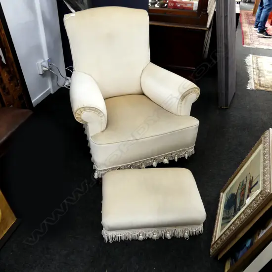 CREAM VELVET UPHOLSTERED ARMCHAIR w. TASSEL TRIM & MATCHING FOOT STOOL