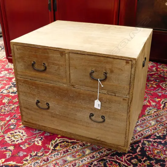 OLD JAPANESE BEDSIDE/COLLECTOR'S CABINET 3 DRWS. W side handles. 480 x 380 x 390mm.