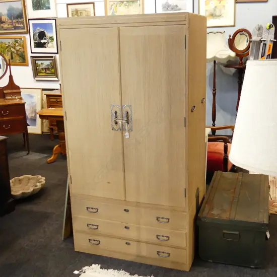 JAPANESE 1960’S PAULOWNIA WOOD WARDROBE limed finish H.1725mm W.900mm 3 drawers to base