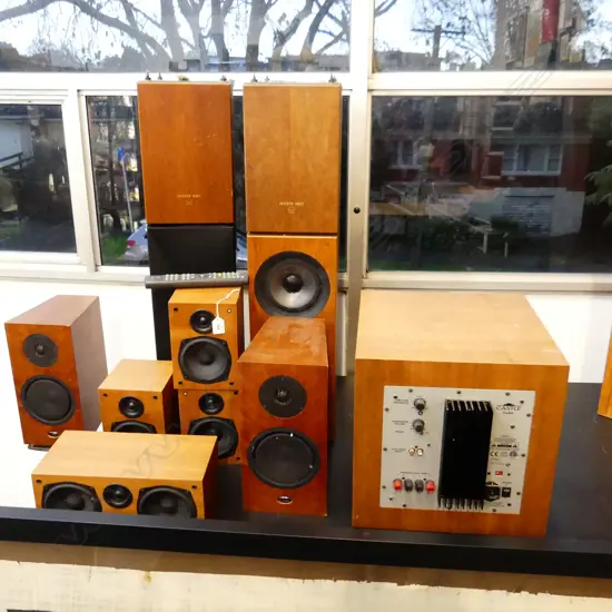 2 FLOOR STANDING LINN KEILIDH SPEAKERS + 2 SMALLER +CASTLE SUB WOFER AND 4 SATELLITE SPEAKERS + ONE STAND