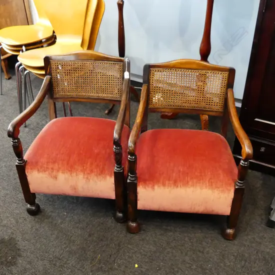 PR CANE BACK CHAIRS w. RED UPHOLSTERY