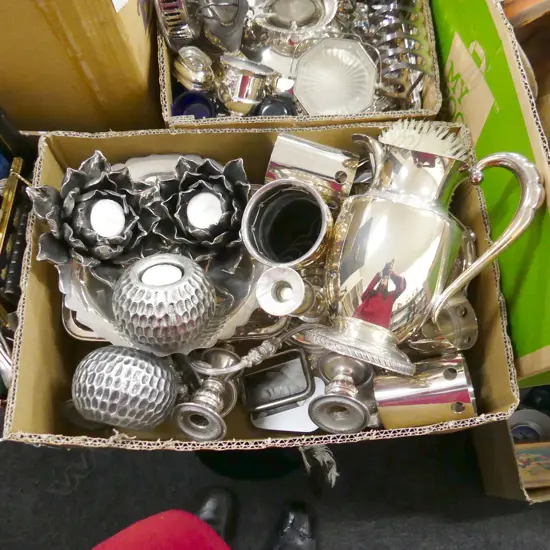 BOX LOT ASST. SILVER PLATE, CANDLE HOLDERS ETC