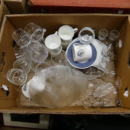 BOX ASST CRYSTAL & CHINA ETC. INCL STEMWARE, SUSIE COOPER PART SET ETC..