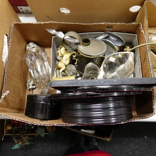 BOX ASST SILVER PLATE SERVING CUTLERY, ORIENAL LACQUER WARE, BRASS UNICORNS, GLASS ANIMALS ETC..