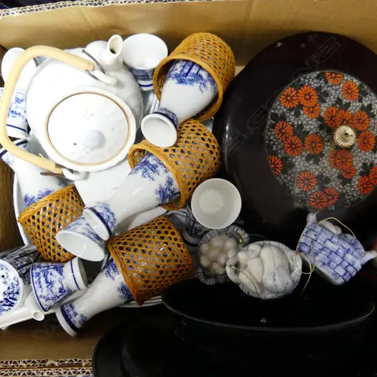 BOX ASST ORIENTAL BLUE & WHITE CHINA INCL SAKE BOTTLES & CUPS  & LACQUER SERVING DISHES ETC..