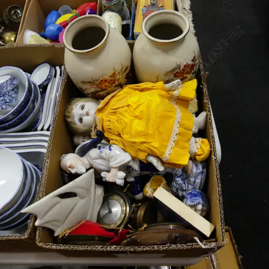 BOX MISC INCL DOLL, ORIENTAL FIGURES & VASES ETC..