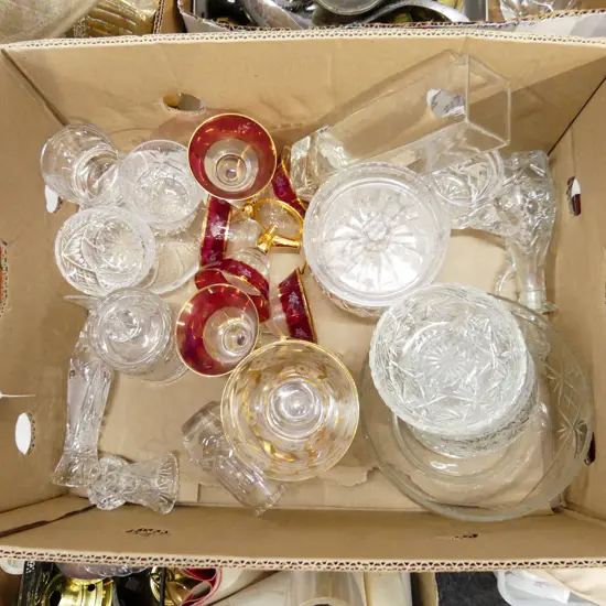 BOX ASST CRYSTAL & GLASS INCL STEMWARE, CANISTERS, BOWLS, VASES ETC..