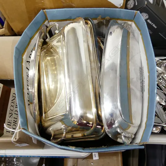 BOX LOT ASST. SILVER PLATE INCL. TEAPOT & CHAMBERSTICK CANDLE HOLDER