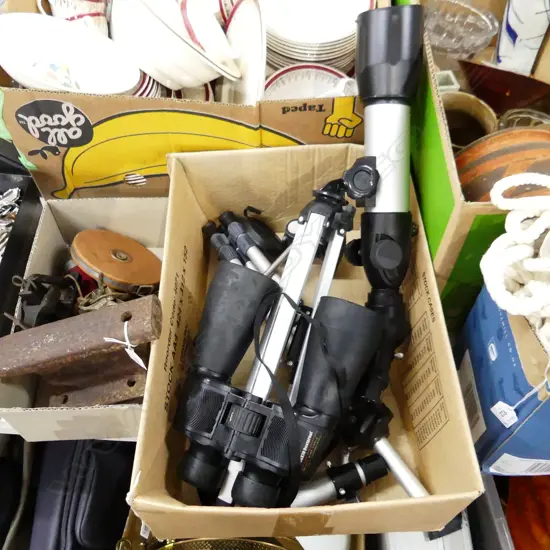 BOX LOT BINOCULARS, TRIPODS ETC
