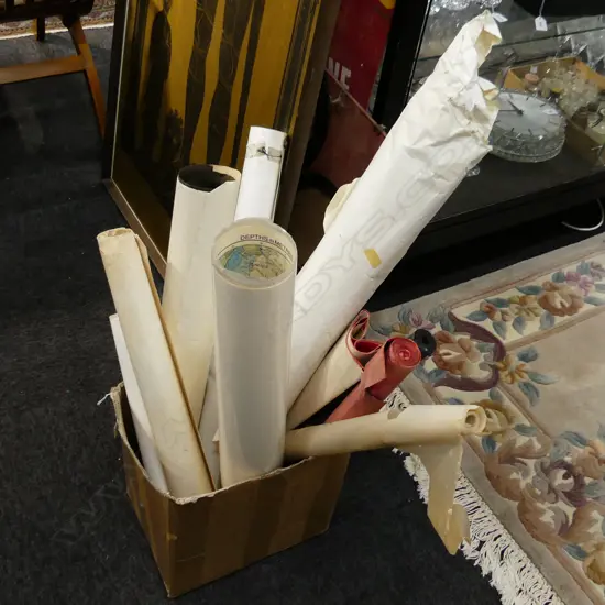 BOX LOT ASST. MAPS, WRAPPING PAPER, ART ETC
