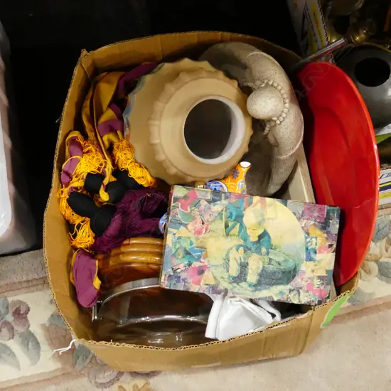 BOX LOT ASST. CHINA; LG RED PLATE, DECO LIGHT SHADE, ETC