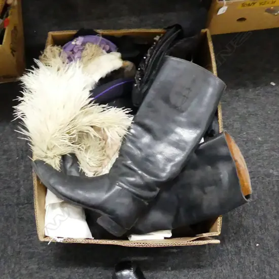 BOX LOT ASST ANTIQUE CLOTHING INCL NIGHTGOWN, BLOOMERS, GLOVES, HATS, SHOES ETC..