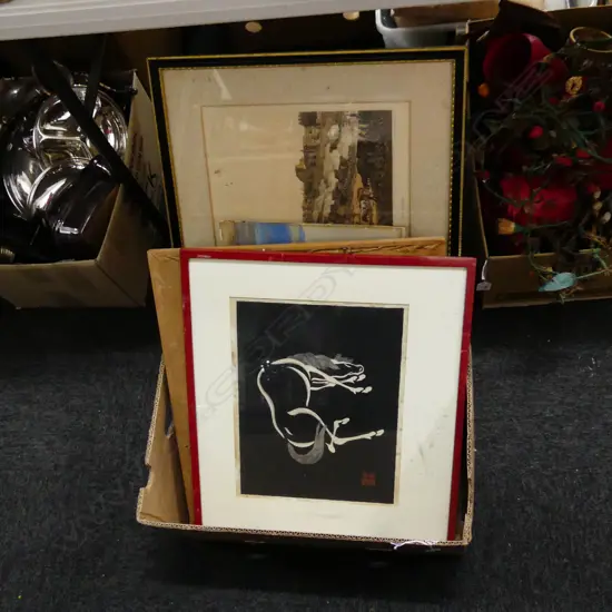 BOX ASST ART INCL WATERCOLOURS, PRINTS ETC.