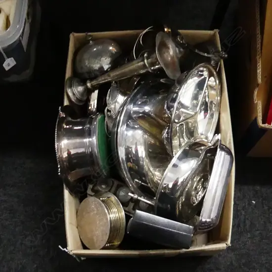 BOX LOT ASST. SILVER PLATE INCL. WINE COASTER ETC