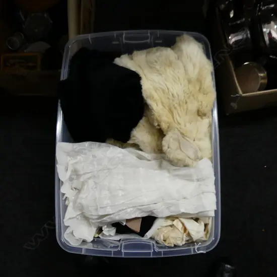 CRATE ANTIQUE CLOTHES & OLD FUR STOLES ETC..