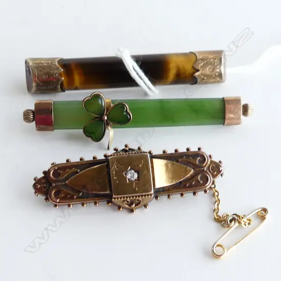 3 BAR BROOCHES; 2x 9CT (TIGERS EYE & GREENSTONE) + VICTORIAN