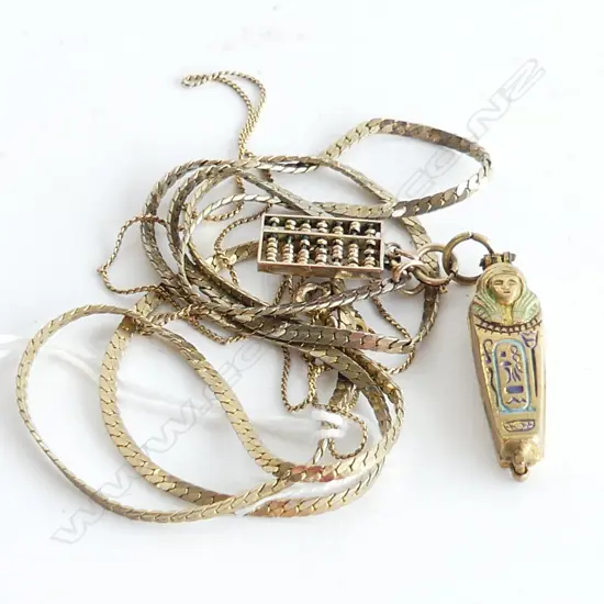 14K ABACUS CHARM +FINE 9CT CHAIN 1.24GM + GOLD PLATE EGYPTIAN MUMMY PENDANT ON CHAIN