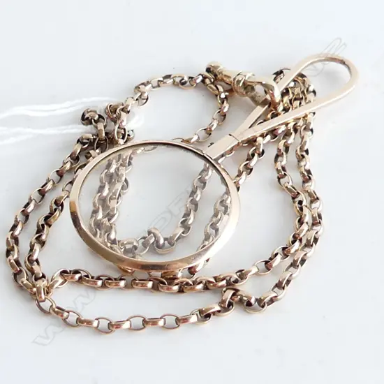 9CT OLD BELCHER LINK NECK CHAIN 14.4GM + GOLD? EYE GLASS