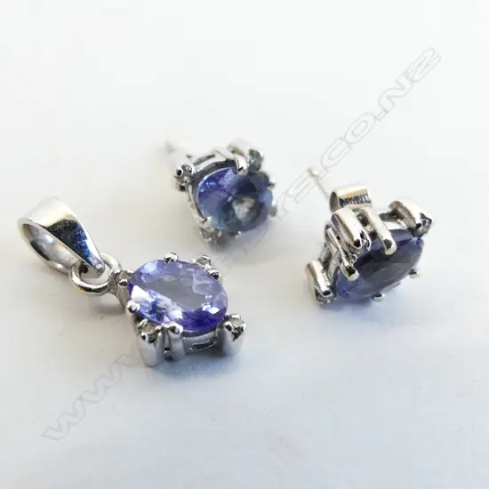 PR STUD EARRINGS & PENDANT SET, TANZANITE & 12 REAL DIAMONDS IN 18CT WHITE GOLD, WITH BOX