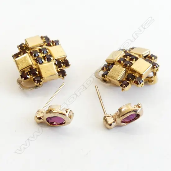 2 PR GOLD TONE & GARNET EARRINGS, 1 CLIP & ONE STUDS (NO BUTTERFLIES) 