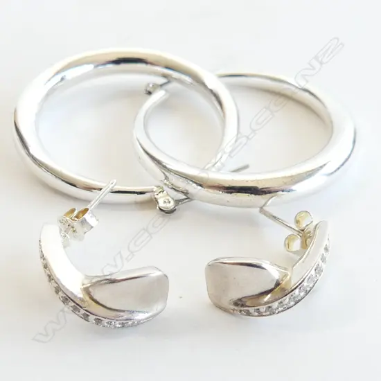 2 PR SILVER TONE EARRINGS; LG HOLLOW HOOPS & STUDS WITH DIAMANTES 