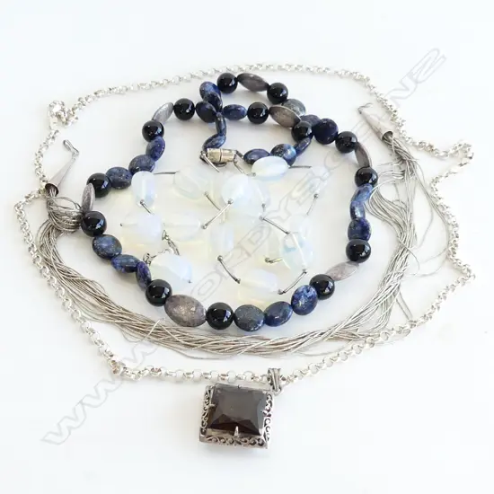 4 SILVER & GEM SET NECKLACES: LAPIS + TOPAZ? + MILK OPAL GLASS ETC