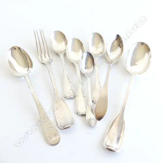 8 PCES EUROPEAN SILVER; 7 TEASPOONS + FORK 192 GRAMS 