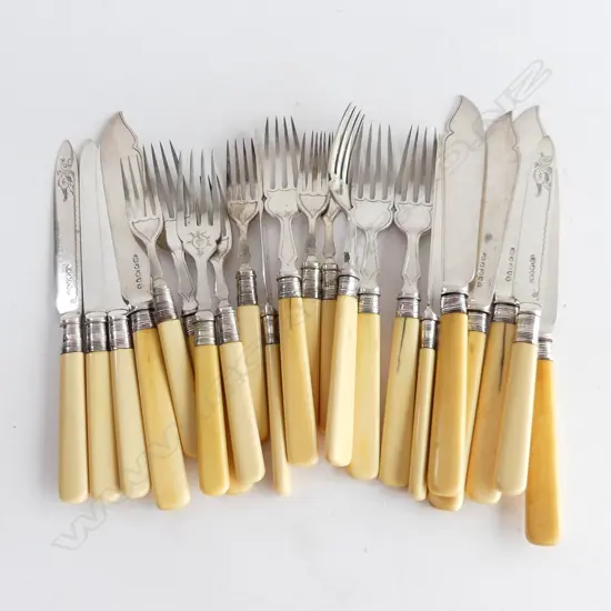 2 ANTIQUE IVORINE HANDLED EP CUTLERY SETS; 11 PCE FRUIT SET w. STG TRIM (FORK MISSING) + 11 PCE FISH SET -KNIFE MISSING 