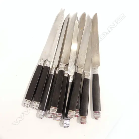 10 VINTAGE ENTREE KNIVES w. EBONISED HANDLES  - TISSOT PARIS L 205 MM