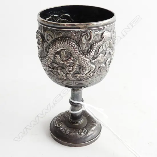 CHINESE HALLMARKED SILVER DRAGON IMBOSSED WINE GOBLET 40GMS H80MM