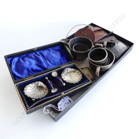 ASST. SILVER / EP ITEMS; CASED STG SALTS, DRESSING TOOLS + EP VESTA, NAPKIN RINGS, BELT BUCKLE, COMPASS, HALDEN CALCULEX