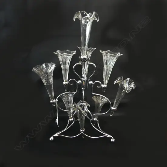 LG SILVER PLATE EPERGNE w. 10 CRYSTAL TRUMPETS some variation. H.510mm