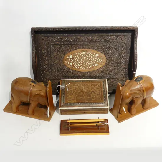 CARVED INDIAN HARDWOOD TRAY L380MM PR BOOKENDS H150 BOX & PENS
