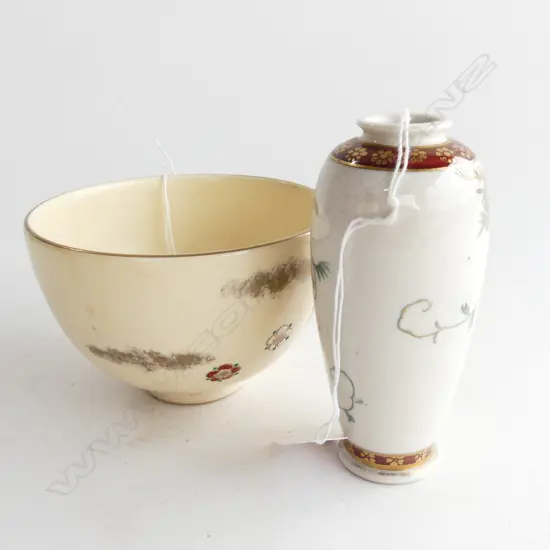 2PCS SATSUMA SMALL VASE H120MM & SIGNED CHILDS BOWL H90 W120MM