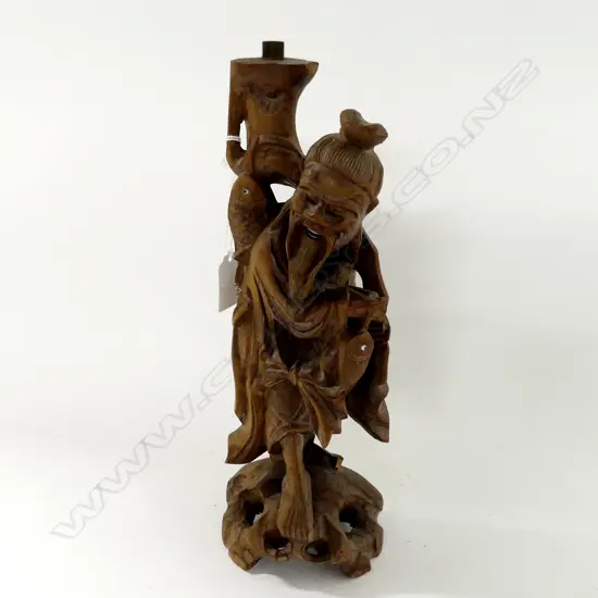 OLD CHINESE CARVED HARDWOOD LAMPBASE THE FISHERMAN H320MM