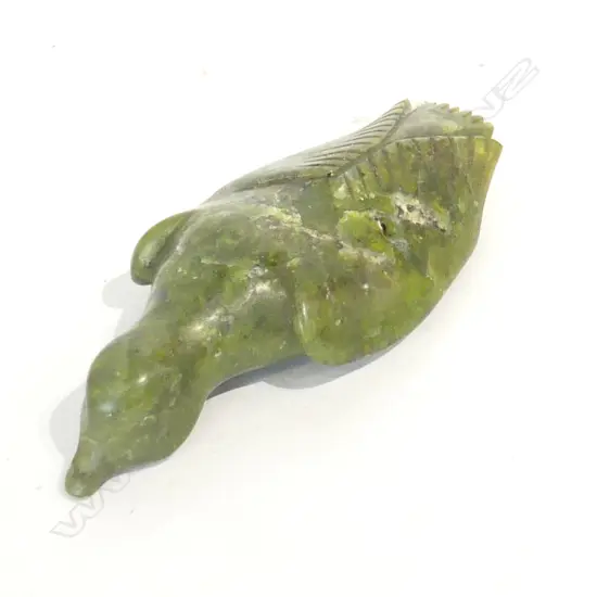 2 PCES CARVED ORIENTAL JADE; FIGURE ON WOODEN STAND H.280mm + DUCK L.145mm