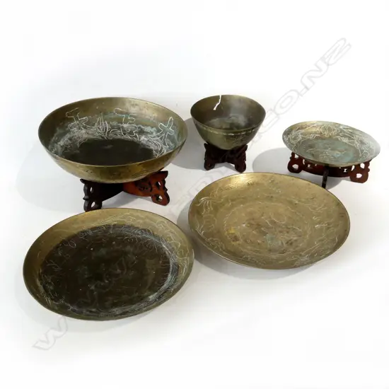 5 VINTAGE CHINESE BRASS BOWLS + 3 HARDWOOD STANDS 
