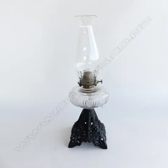 KEROSENE LAMP CAST IRON BASE GLASS BOWL & CHIMNEY