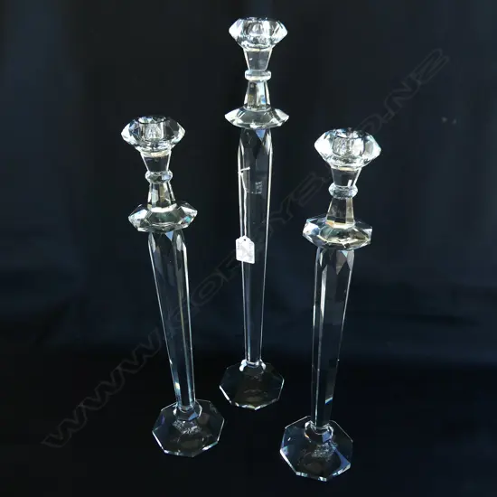 3 LG CRYSTAL CANDLESTICKS; PR H.425mm + 510mm (with boxes - one chipped)