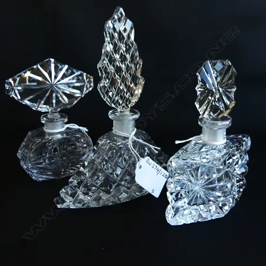 3 DECO VINTAGE CUT CRYSTAL PERFUME BOTTLES H150MM LARGEST