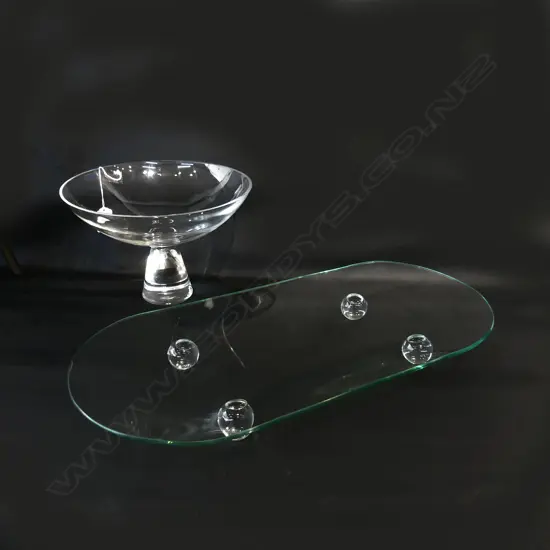 HAND MADE KROSNO FRUIT BOWL (6CM H) & GLASS SANDWICH SERVE/PLATE 38CM LONG/23CM WIDE