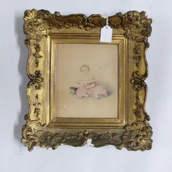 MID 19thC W/C, CHILD w. CAT IN GILT FRAME (A/F) 160x135mm